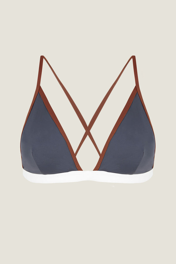 Bikini top triangulo gris con tirantes cruzados
